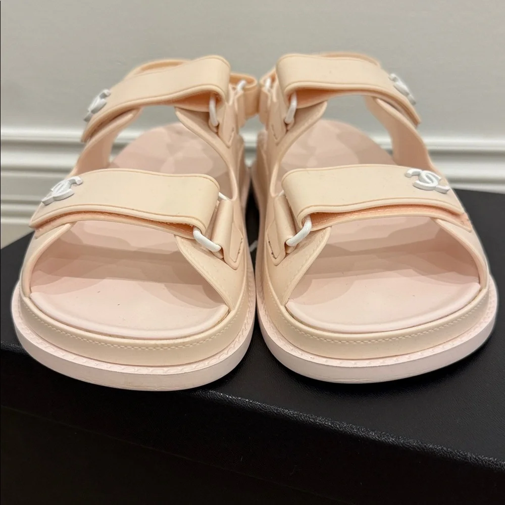 Chanel CC Sport Dad Sandals Pastel Pink Rubber Size 37 Worn Once